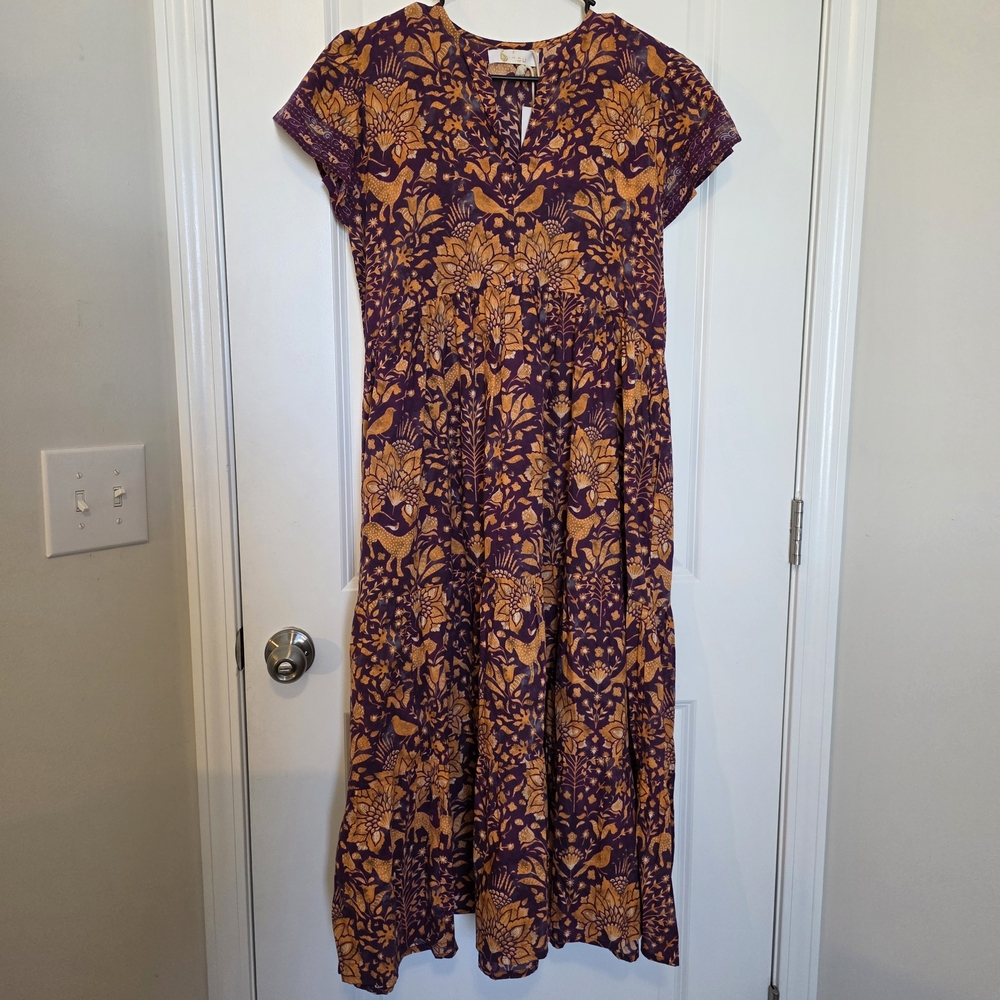 Bindu Kiki Floral Purple and Orange Dress w/ Pockets Size Small